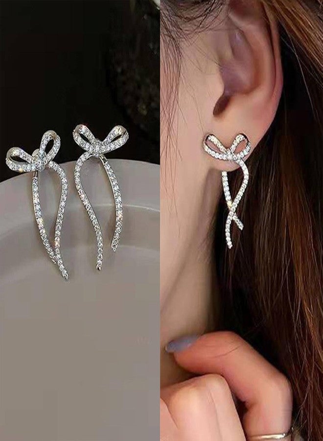 Eviarli Boho Bow Ear Jacket Earrings Crystal Bow Drop Earrings Silver Bow Stud Earrings Two Ways Front Back Earrings Jewelry for Women Gift - Image 2